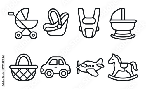 Outline icons of baby items and toys: stroller, car seat, carrier, bassinet