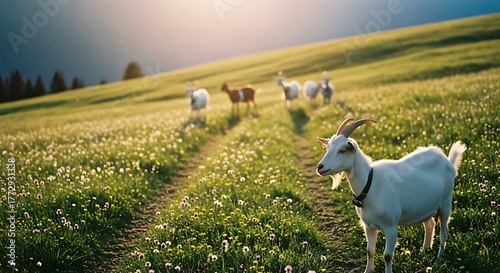 Herd of goats grazing in a sun-drenched meadow at sunset.