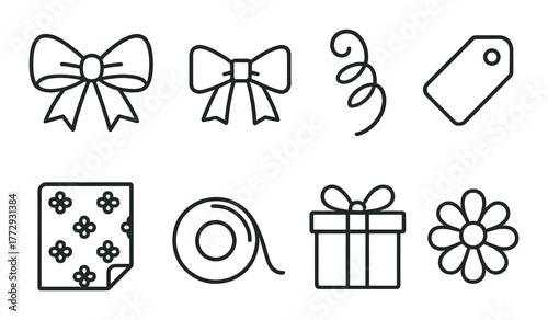 Monochrome gift wrapping icons: bows, tags, paper, ribbon, present box, flower