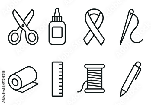 Sewing and craft tools: scissors, glue, ribbon, needle, thread, ruler, pen icons on patterned background