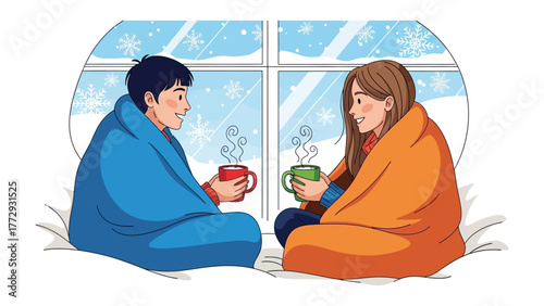 Cozy Winter Moments: A warmly-wrapped couple sharing a heartwarming moment with hot beverages near a window on a snowy day.