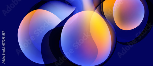 Abstract composition featuring overlapping spheres. Vibrant colors blend, creating smooth gradients. Dark background emphasizes luminosity.
