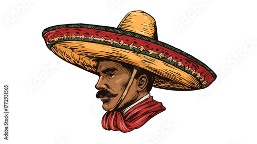 Mexican Man in Sombrero on White Background Vector Illustration