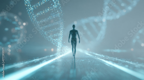 A futuristic representation of artificial intelligence and DNA, showcasing the merging of biology and technology.