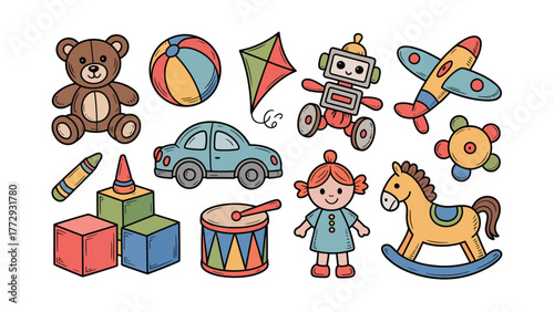 Childhood Joyful Assemblage: A collection of various playful objects, inviting an exploration into childhood, designed to stir curiosity and spark imagination. 