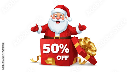 Santa's Festive Gift: A cheerful santa emerges from a festive gift box, offering a tempting 50% off discount, surrounded by the joy and magic of the christmas season.