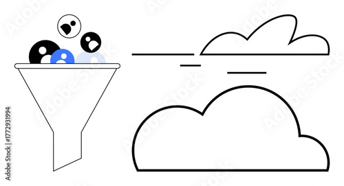 Funnel filtering user icons flows into cloud illustration emphasizing data processing, cloud storage, digital workflow. Ideal for analytics, marketing, software, automation, connectivity, digital