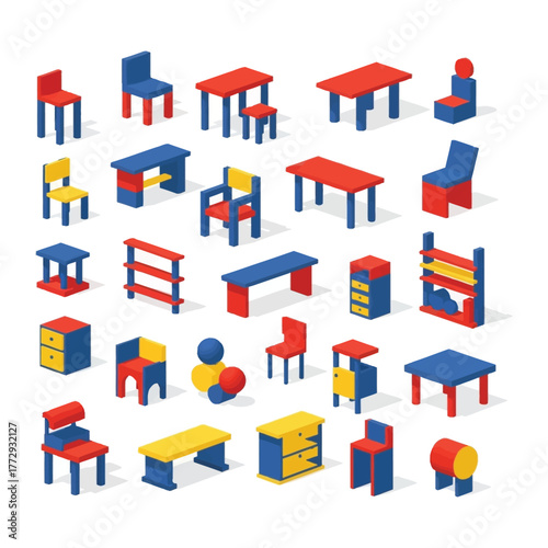 Furniture Array in Isometric View: An eye-level, isometric view of various colorful furniture pieces, ideal for design and architectural projects. Each piece stands distinct.