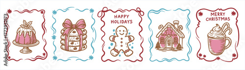 Set of cozy hand-drawn Christmas illustrations — festive cake, gift box, gingerbread man, gingerbread house, and hot cocoa. Perfect for holiday cards, decor, and seasonal design