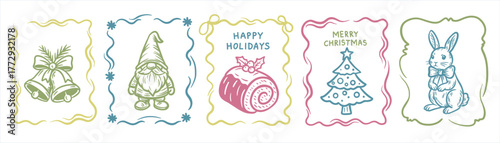 Set of hand-drawn Christmas illustrations with festive bells, gnome, yule log, Christmas tree, and bunny with bow. Cozy vintage doodle style for holiday cards and decorations