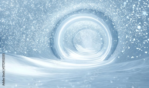 Abstract magical snow tunnel creating a bright winter wonderland scene with sparkling particles