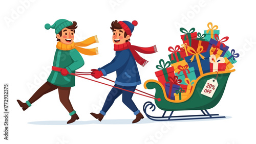 Joyful Journey: Two boys exuberantly pull a festive sleigh overloaded with brightly wrapped presents, creating a visual symphony of holiday cheer and excitement.