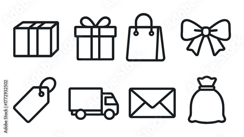 Set of shopping and gift icons: box, bag, bow, tag, truck, envelope