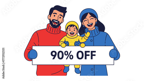 Family Offer: A cheerful family, composed of a parent and child, joyfully displays a sign announcing an exclusive 90% discount, radiating warmth and happiness.