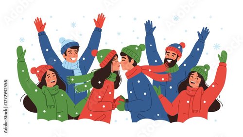 Winter Kiss: A moment of love and togetherness, captured in the heart of winter. A couple sharing a tender kiss, surrounded by friends in a scene of holiday cheer.