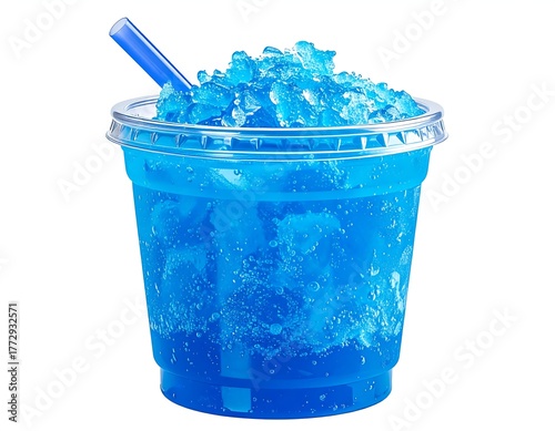 Close-up of blue icy drink in a clear plastic cup with a straw. It is a refreshing treat