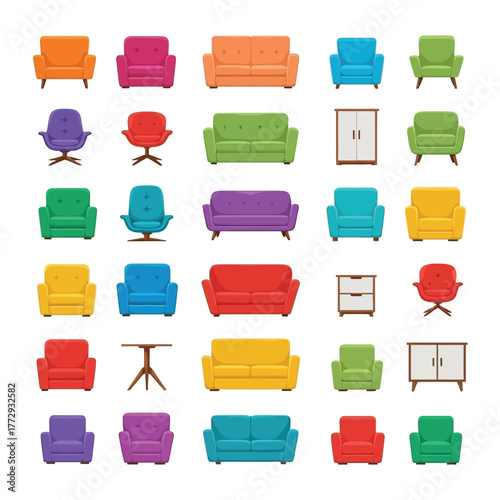 Assortment of Colorful Furniture: A curated collection of vibrant furniture pieces, offering a spectrum of design options, ranging from sleek sofas to inviting armchairs.