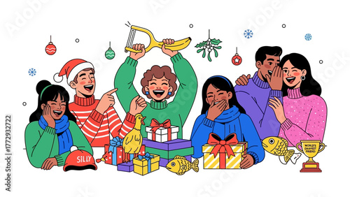 Holiday Fun: A group of friends sharing joy and laughter during the festive season. Celebrating the joy of giving, gathering, and the simple pleasures of the season.