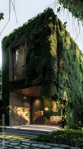Luxurious modern villa wrapped in climbing plants and eco-friendly vertical garden walls