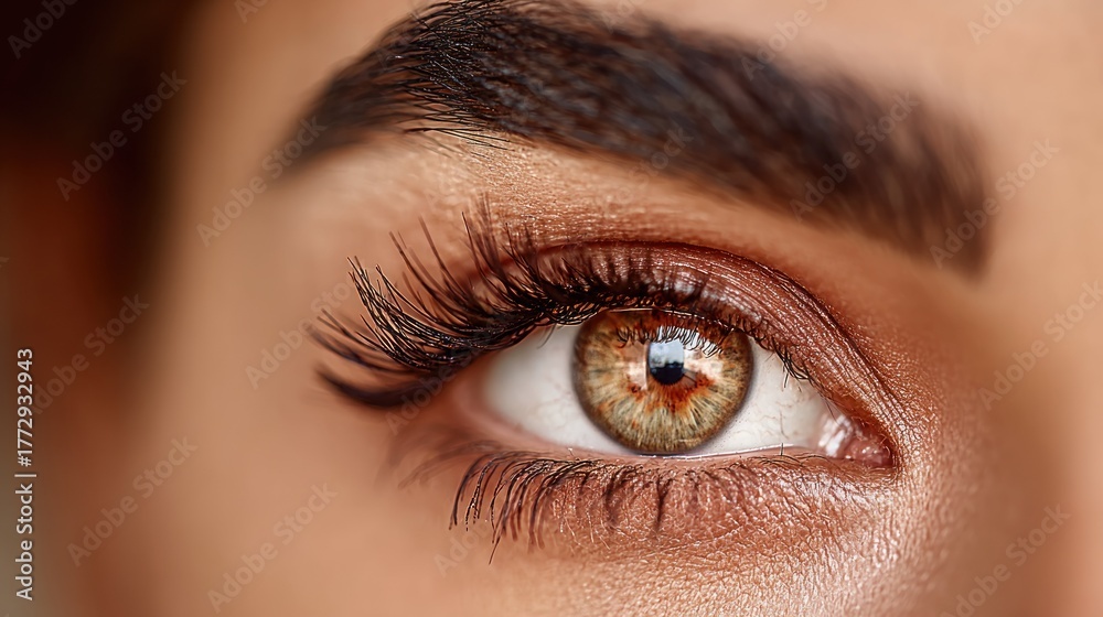 Obraz premium Close-up of a hazel eye with long, dark lashes and groomed brows