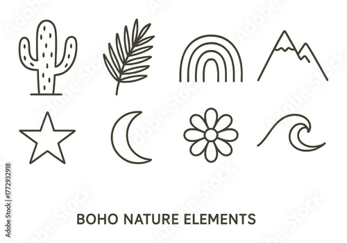 Boho nature elements: cactus, palm, rainbow, mountains, star, moon, flower, wave icons