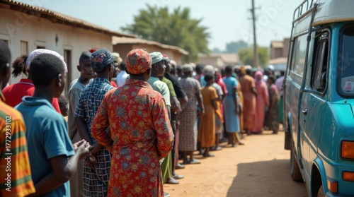 A long queue of diverse people waiting for a mobile health clinic

