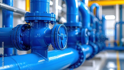 Close-up of blue industrial piping system with valves and flanges