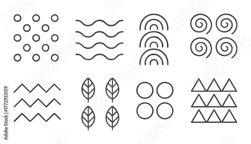 Abstract geometric pattern with circles, waves, arcs, spirals, zigzags, leaves, and triangles