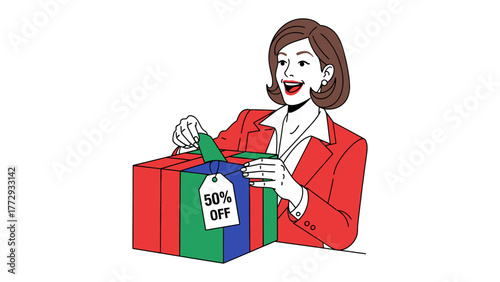 Unwrapping the Deal: A woman excitedly opens a gift box, revealing a tempting 50% off discount tag, embodying the thrill of discovery and the allure of savings.
