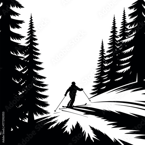 Silhouette of skier descending snowy slope between pine trees