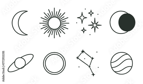 Celestial symbols: sun, moon, stars, planets, constellation outline on green background