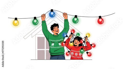 Illuminating Festive Cheer: A heartwarming moment unfolds as two figures, with garlands of vibrant fairy lights. A joyful scene embodies the spirit of holiday anticipation and togetherness.