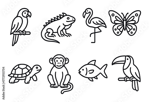 Silhouette icons of parrot flamingo monkey fish iguana turtle butterfly toucan