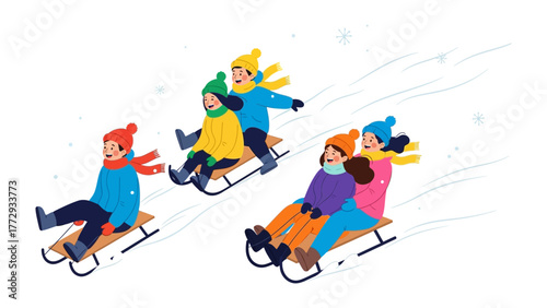 Winter Fun on Sleds: A vibrant scene unfolds as children enjoy a thrilling ride on sleds. Laughter and excitement fill the air, creating a cheerful atmosphere.
