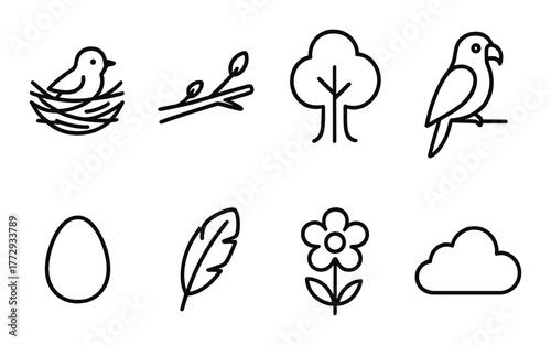 Minimalistic nature icons featuring birds, trees, and flowers