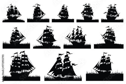 Silhouette collection of sailing ships on grass black and white