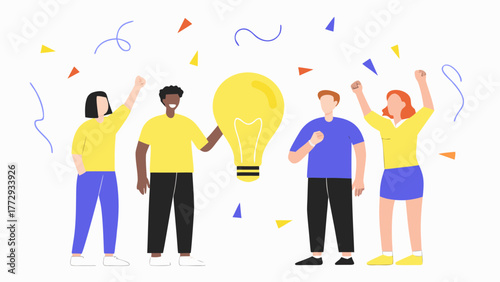 Diverse group of people celebrating a bright idea with a large glowing lightbulb and confetti