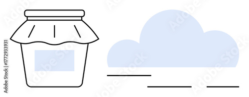 Glass jar covered with fabric lid resting near abstract cloud symbolizing storage, preservation, or simplicity. Ideal for cloud computing, storage, digital data, food storage, sustainability