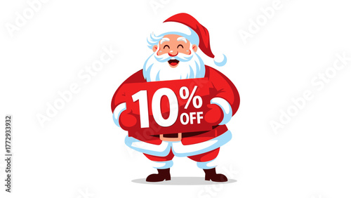 Santa's Festive Discount: A jovial Santa Claus gleefully presents a sign advertising a special 10% OFF offer, embodying the spirit of holiday cheer and festive savings.