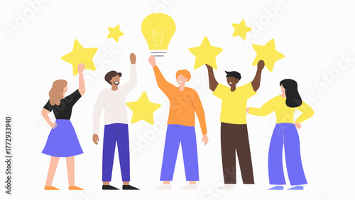 Diverse group of people celebrating success and innovation holding up stars and a bright light bulb symbol against a white background