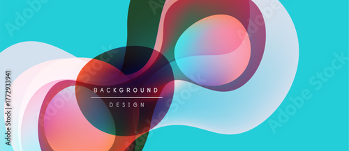 Abstract flowing shapes, vibrant colors, modern design. Turquoise background complements layered translucent forms. Minimalist aesthetic.