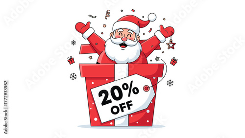 Festive Discount: Santa Claus enthusiastically springs from a colossal gift box, signaling a cheerful 20% discount