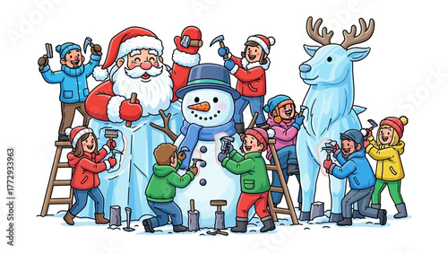 Festive Ice Sculptures: A lively group of children carves whimsical ice sculptures of beloved holiday figures, showcasing creativity and teamwork.