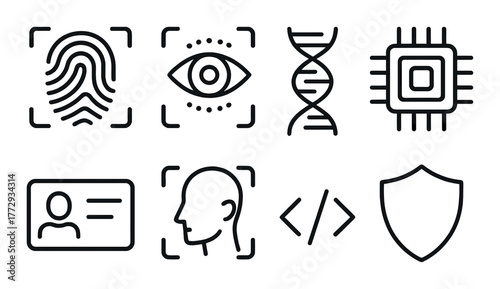 Biometric security icons: fingerprint, eye, dna, microchip, id, head, code, shield