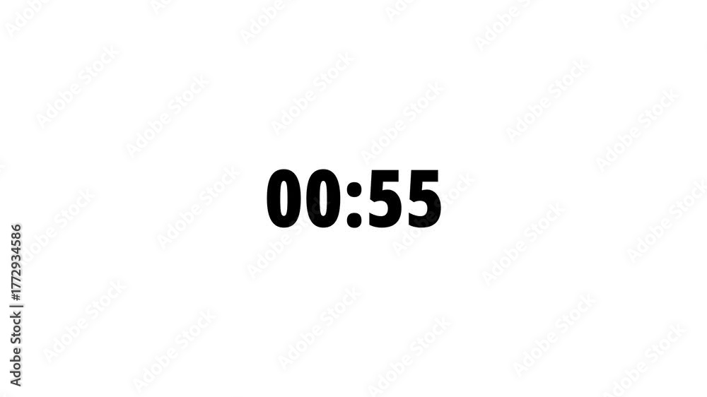 One minute countdown timer, sliding number animation, counting from one minute to zero, digital clock, 60 second scrolling countdown, white background footage