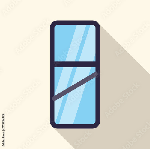 Rectangular train window reflecting sunlight, featuring a horizontal bar and a diagonal element, casting a long shadow