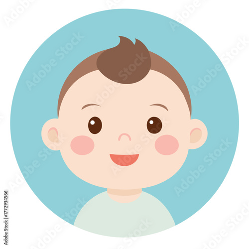 Cute baby boy illustration with cheerful expression in a light blue circle