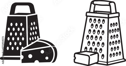 Monochromatic Vector Cheese Grater and Cheese Silhouette and Outline Icons