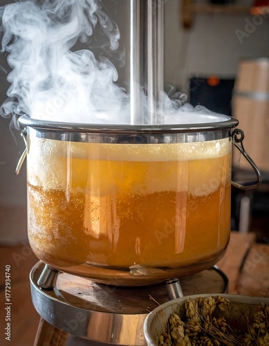 Close-up of boiling golden liquid with a metallic element above, emitting wisps of steam