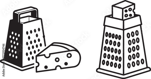 Black and White Vector Icons of Kitchen Cheese Graters and Cheese.